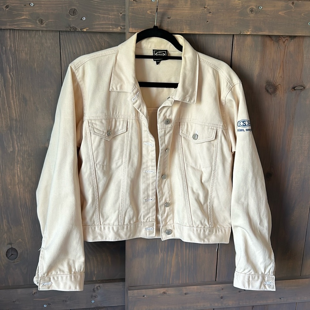 Beige canvas jeans jacket, Ouray brand XL, Seghesio winery patch, Casual jacket